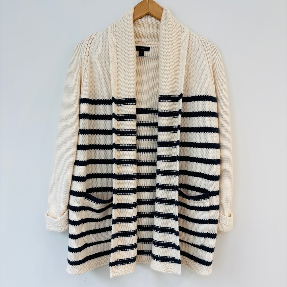 J. Crew Long Open Cardigan Sweater Navy Stripe Cotton Wool Blend Sz XS - Picture 2 of 12